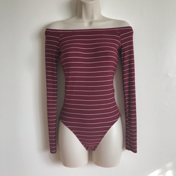 Hollister Long Sleeve Off Shoulder Burgundy Maroon Wht Stripe Leotard Bodysuit S - Picture 16 of 16
